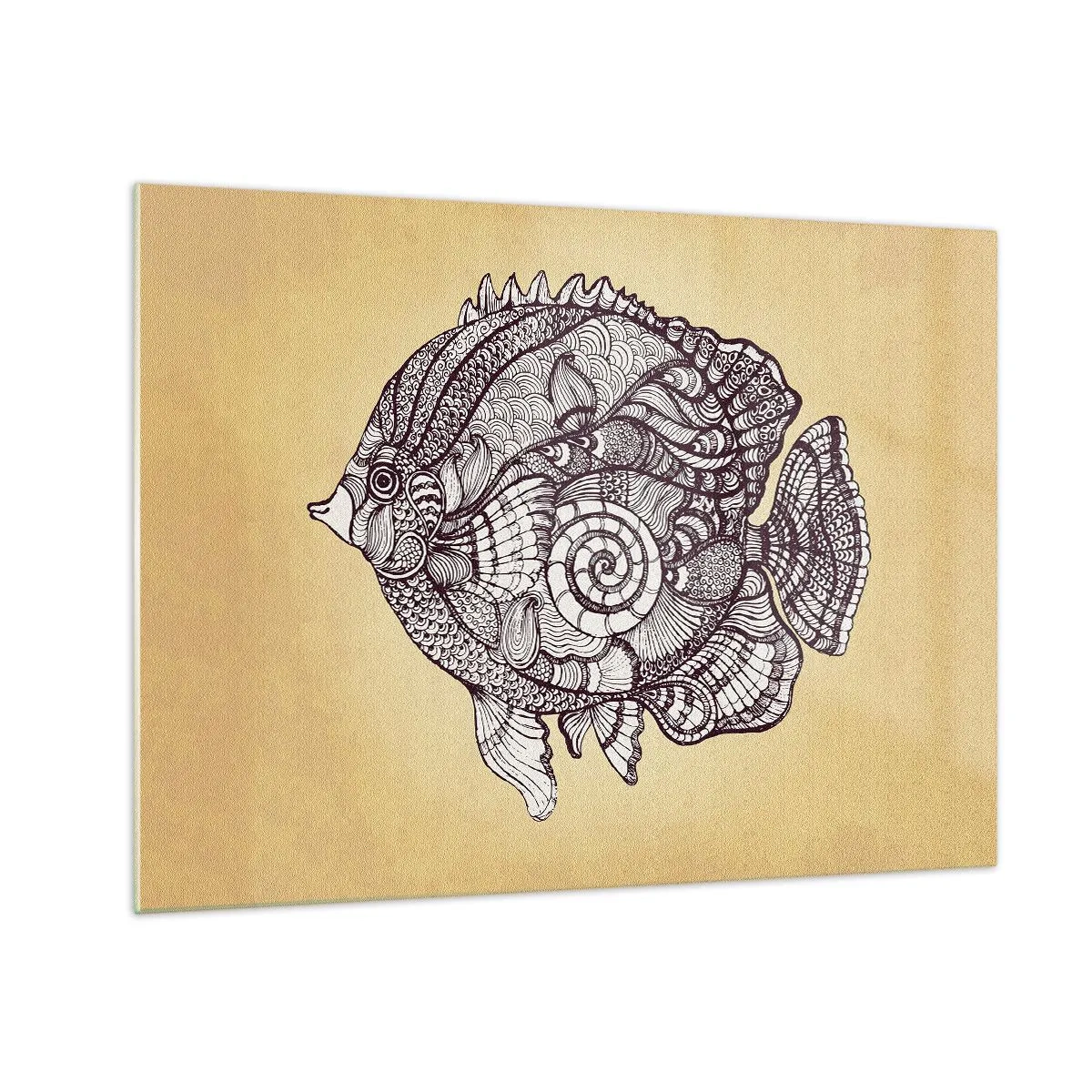 Obraz na skle - Kreslená ryba s ornamenty na béžovém pozadí - 70x50cm - Z oceánu ornamentů - Moderní nástěnná dekorace do obývacího pokoje a ložnice ARTTOR