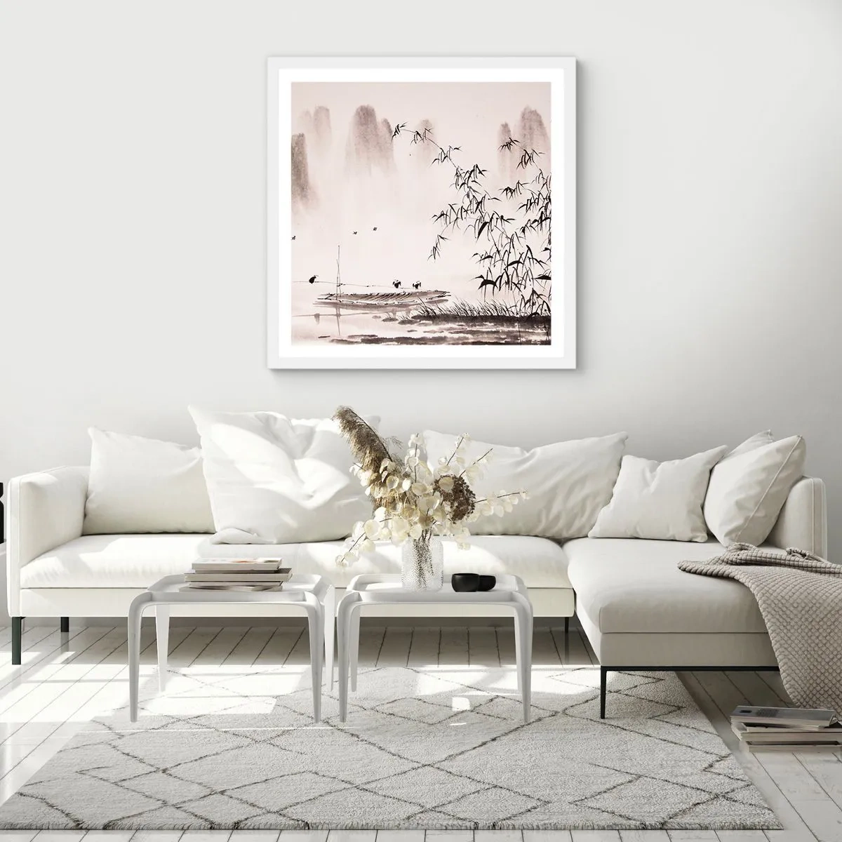 Plakát v bílém rámu - Klid rýžových polí - 60x60 cm