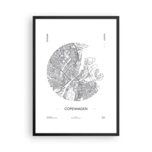 Plakát v černém rámu - Minimalistická mapa Kodaně v černé a bílé barvě. - 50x70cm - Anatomie Kodaně - Moderní nástěnná dekorace do obývacího pokoje a ložnice ARTTOR