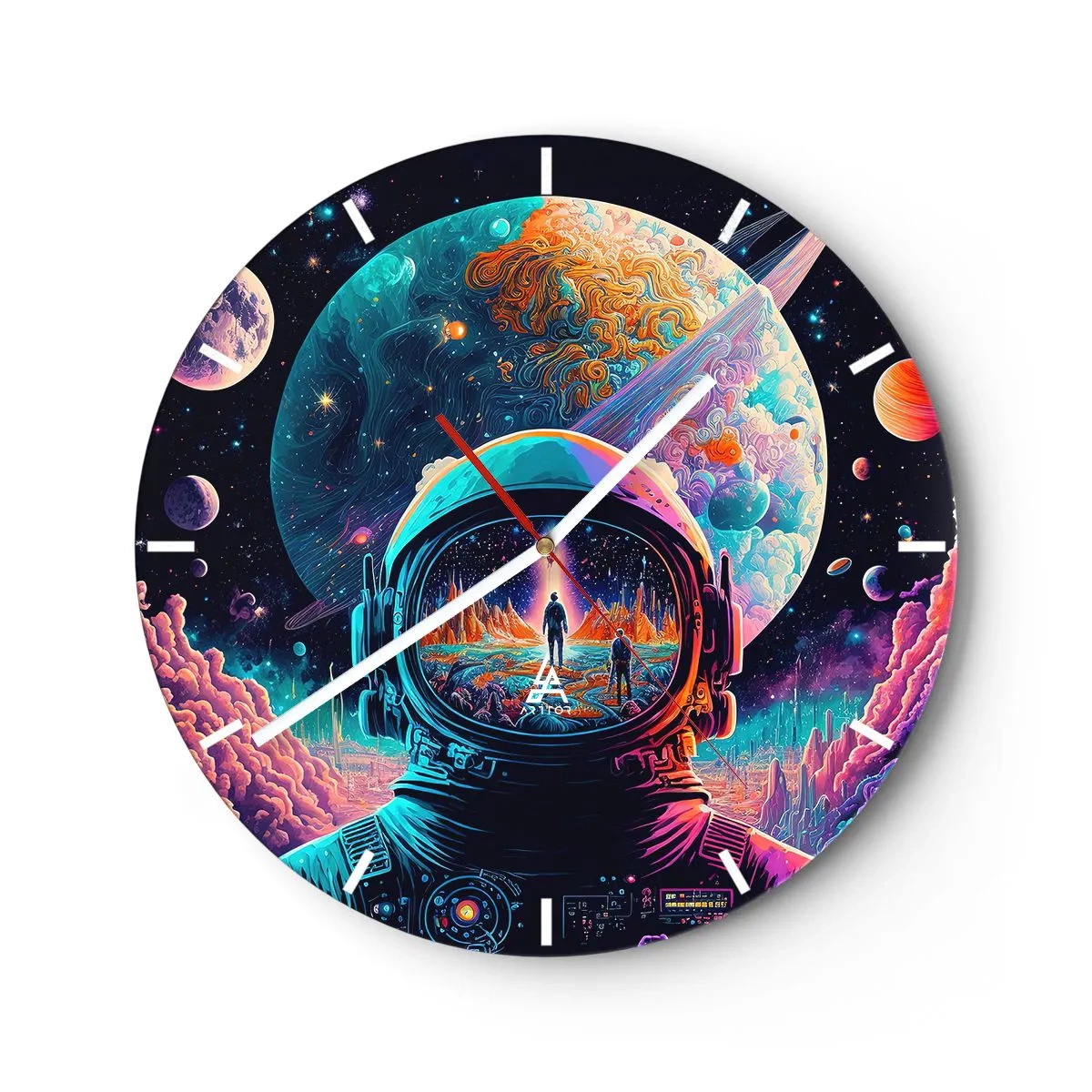 Nástěnné hodiny - Astronaut v barevném prostoru s odrazem planety - 30x30cm - Filosofům se to ani nesnilo - Moderní nástěnná dekorace do obývacího pokoje, kuchyně a ložnice ARTTOR