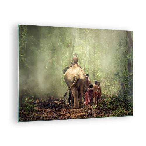Obraz na skle - Slon v lese s dětmi v tradičních krojích - 70x50cm - Nová Kniha džunglí - Moderní nástěnná dekorace do obývacího pokoje a ložnice ARTTOR
