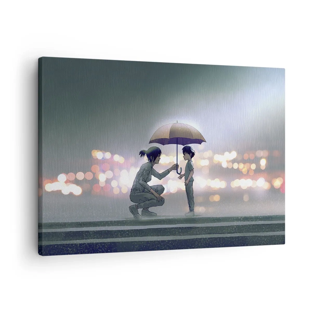 Obraz na plátně - Postava s deštníkem chránící dítě před pozadím nočních světel. - 70x50cm - A vše je v pořádku - Moderní nástěnná dekorace do obývacího pokoje a ložnice ARTTOR