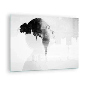 Obraz na skle - Silueta ženy s architektonickými prvky v pozadí - 70x50cm - Z obou stran okna - Moderní nástěnná dekorace do obývacího pokoje a ložnice ARTTOR
