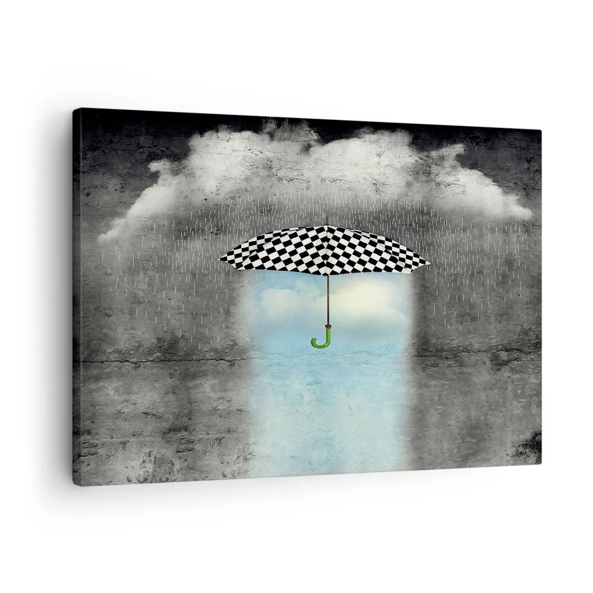 Obraz na plátně - Šachovnicový deštník nad deštivou krajinou - 70x50cm - A přece je to možné - Moderní nástěnná dekorace do obývacího pokoje a ložnice ARTTOR