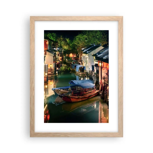 Plakát v rámu světlý dub - Večer na čínské ulici - 30x40 cm
