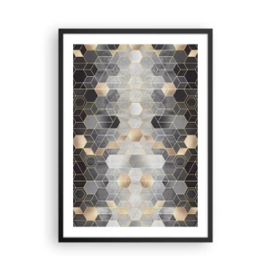 Plakát v černém rámu - Geometrický šestiúhelníkový vzor v odstínech zlaté a šedé - 50x70cm - Diamantová kompozice - Moderní nástěnná dekorace do obývacího pokoje a ložnice ARTTOR