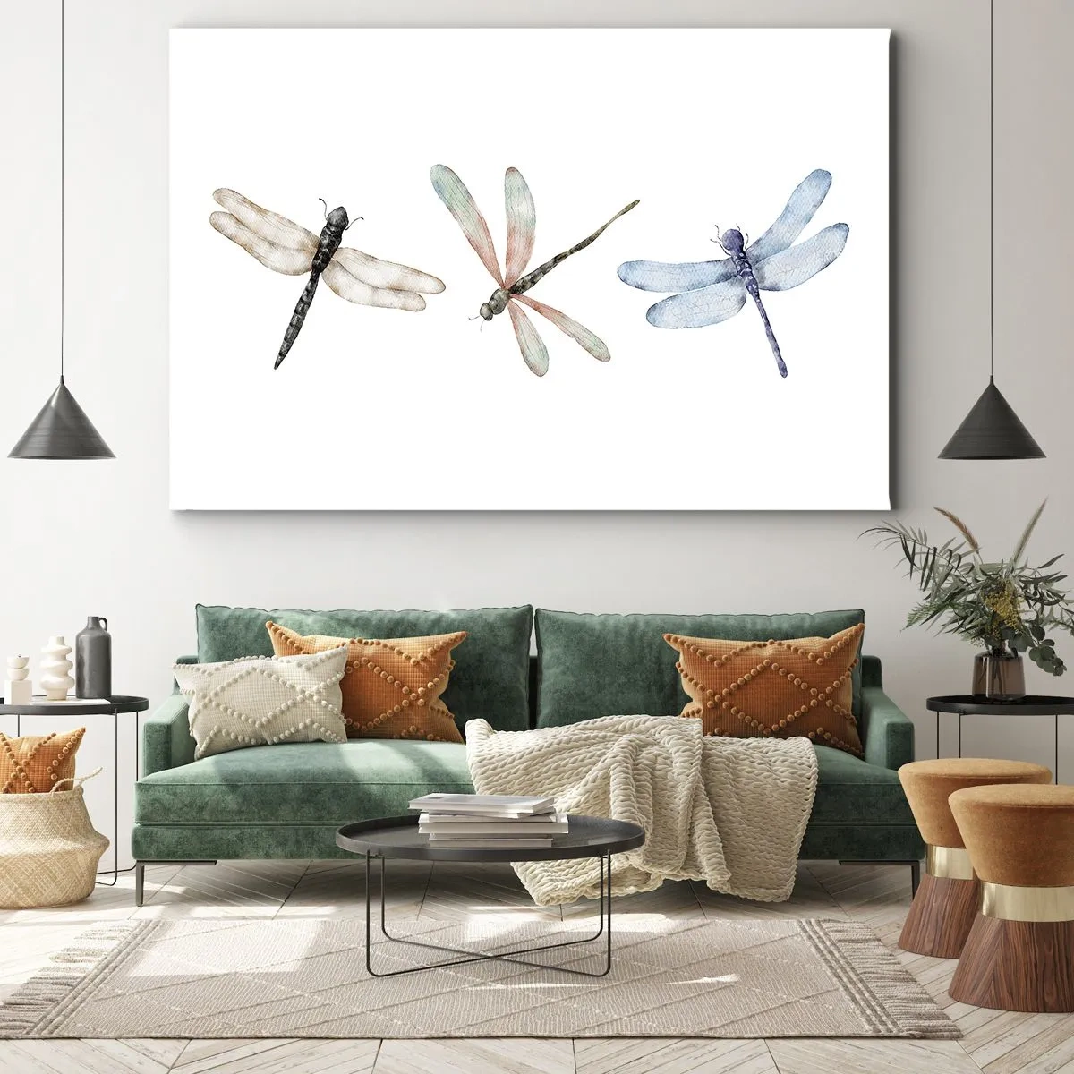 Obraz na plátně - Tři vážky v jemných pastelových barvách - 70x50cm - Beztížné vážky - Moderní nástěnná dekorace do obývacího pokoje a ložnice ARTTOR