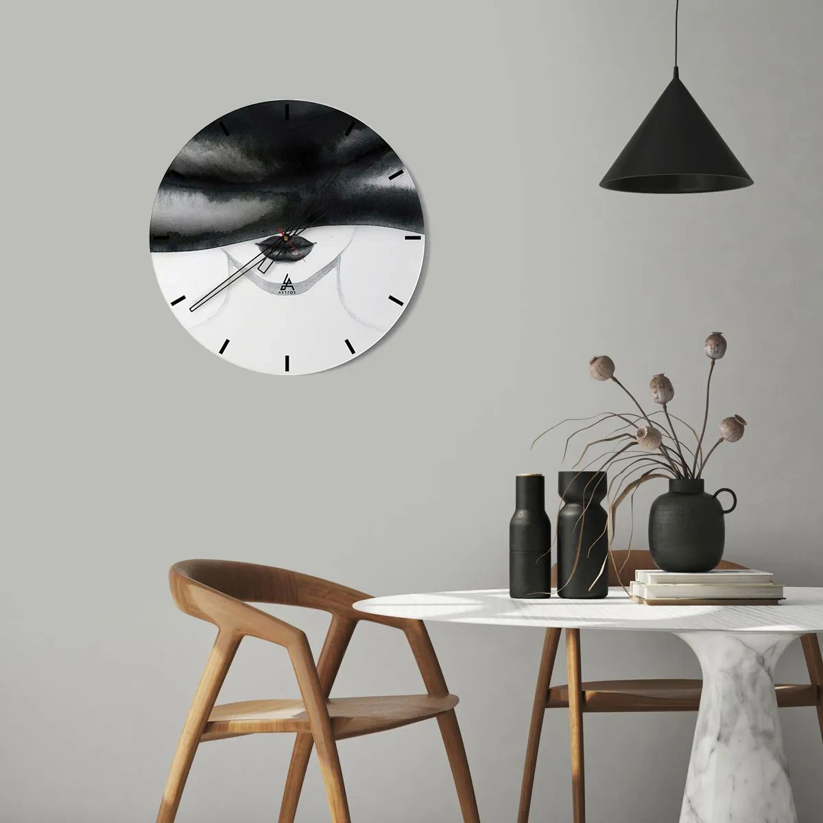 Nástěnné hodiny - Portrét ženy se skrytou tváří v minimalistickém stylu - 30x30cm - Smyslná záhada - Moderní nástěnná dekorace do obývacího pokoje, kuchyně a ložnice ARTTOR