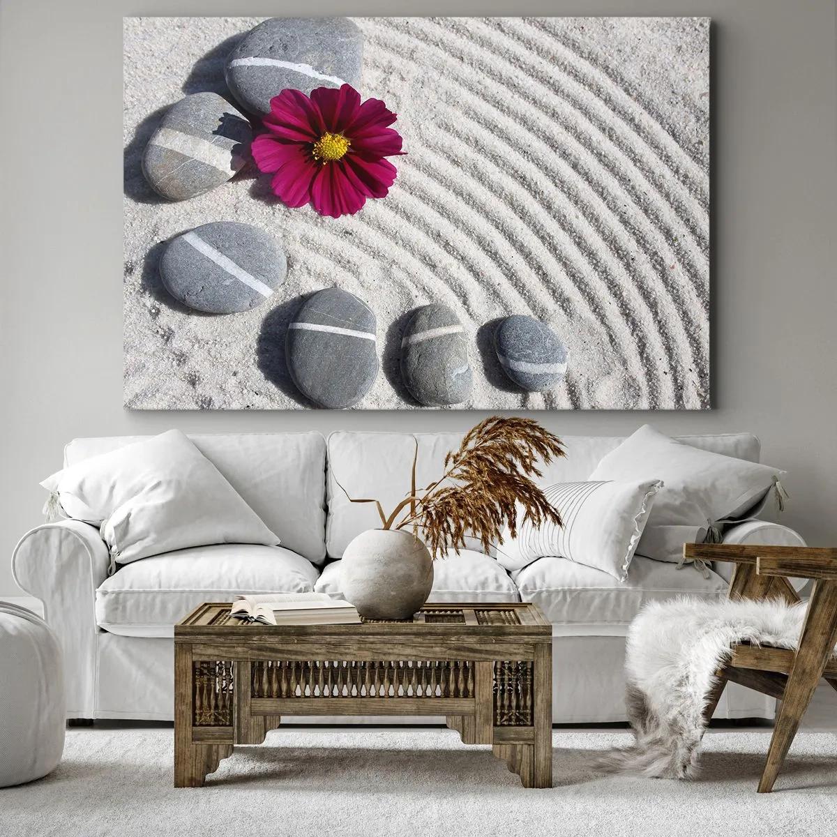 Obraz na plátně - Kameny a růžový květ na písku v zenovém stylu - 70x50cm - Energie a klid magického kruhu přírody - Moderní nástěnná dekorace do obývacího pokoje a ložnice ARTTOR