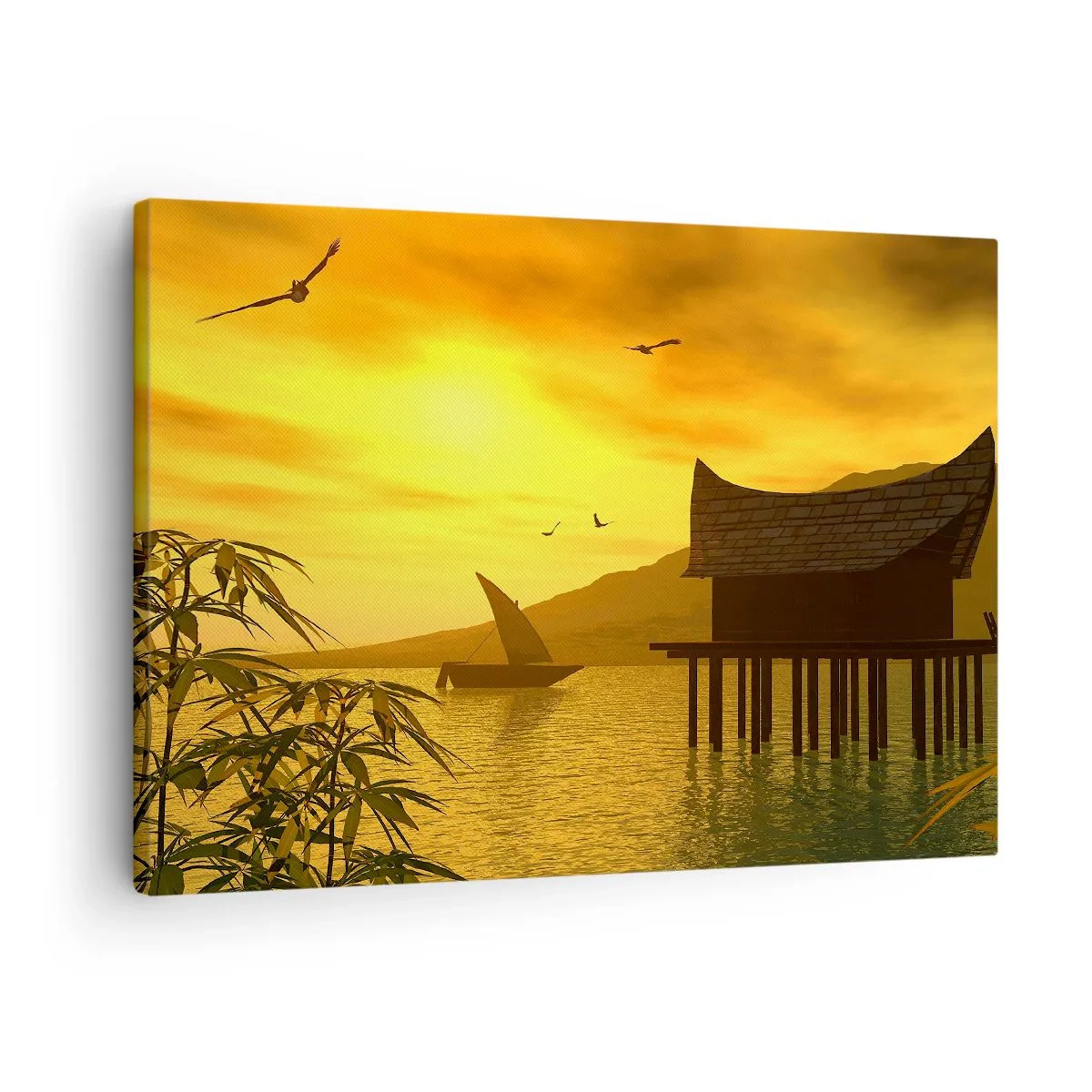 Obraz na plátně - Tropický západ slunce nad vodou s dřevěným domem na kůlech. - 70x50cm - Vytoužený klid - Moderní nástěnná dekorace do obývacího pokoje a ložnice ARTTOR