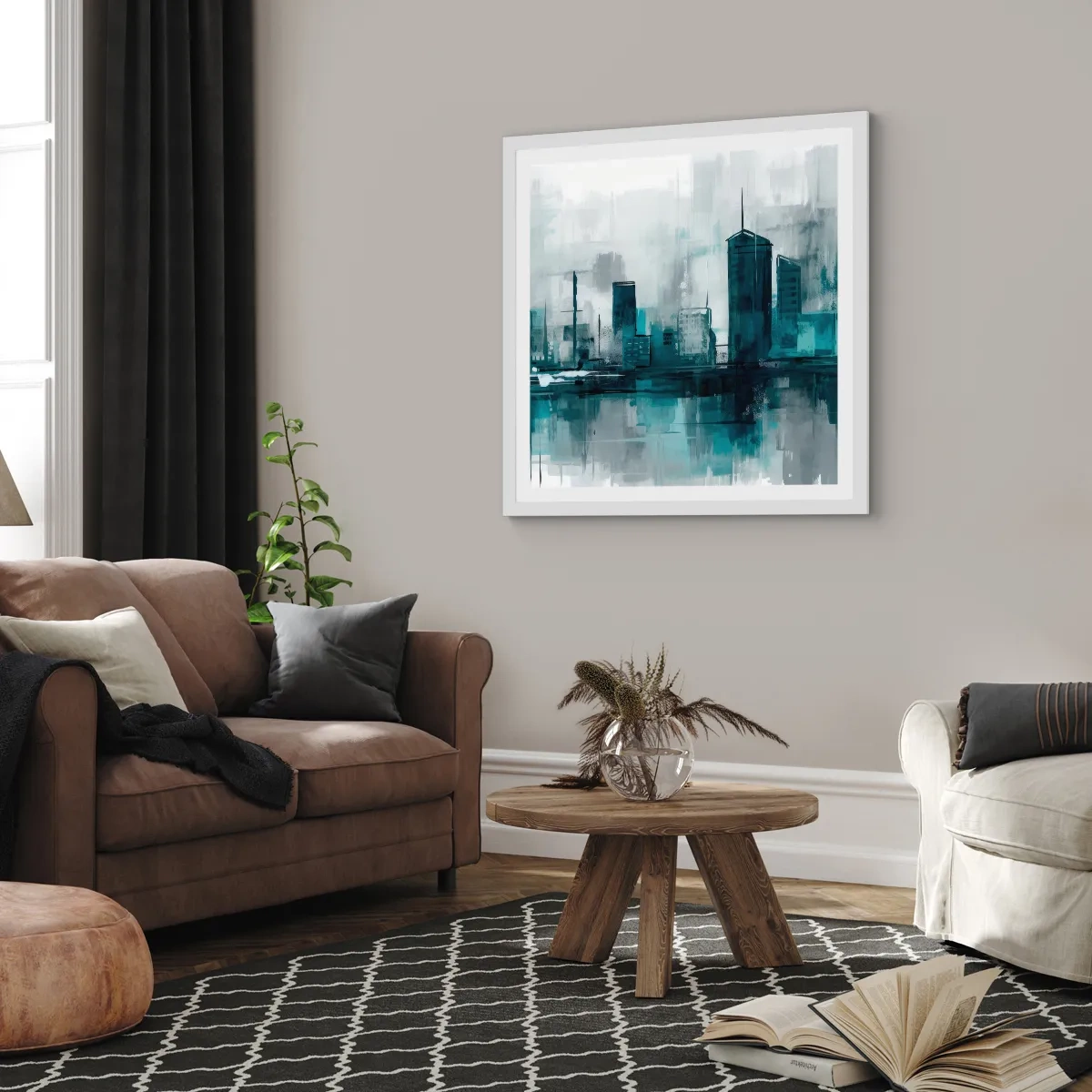 Plakát v bílém rámu - Město v barvě deště - 50x50 cm