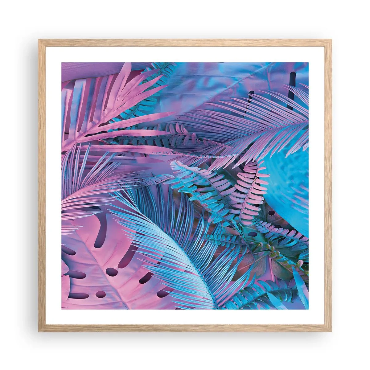 Plakát v rámu světlý dub - Tropy v růžové a modré - 60x60 cm