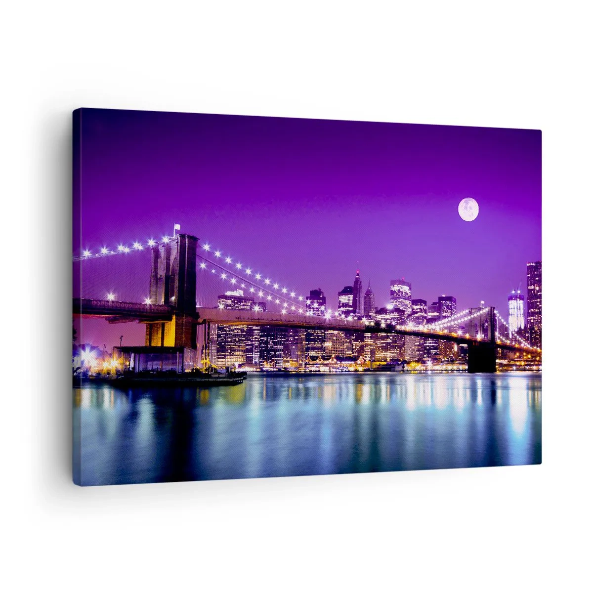 Obraz na plátně - Brooklynský most v noci s osvětleným městem a úplňkem - 70x50cm - Světla velkoměsta ve fialové - Moderní nástěnná dekorace do obývacího pokoje a ložnice ARTTOR