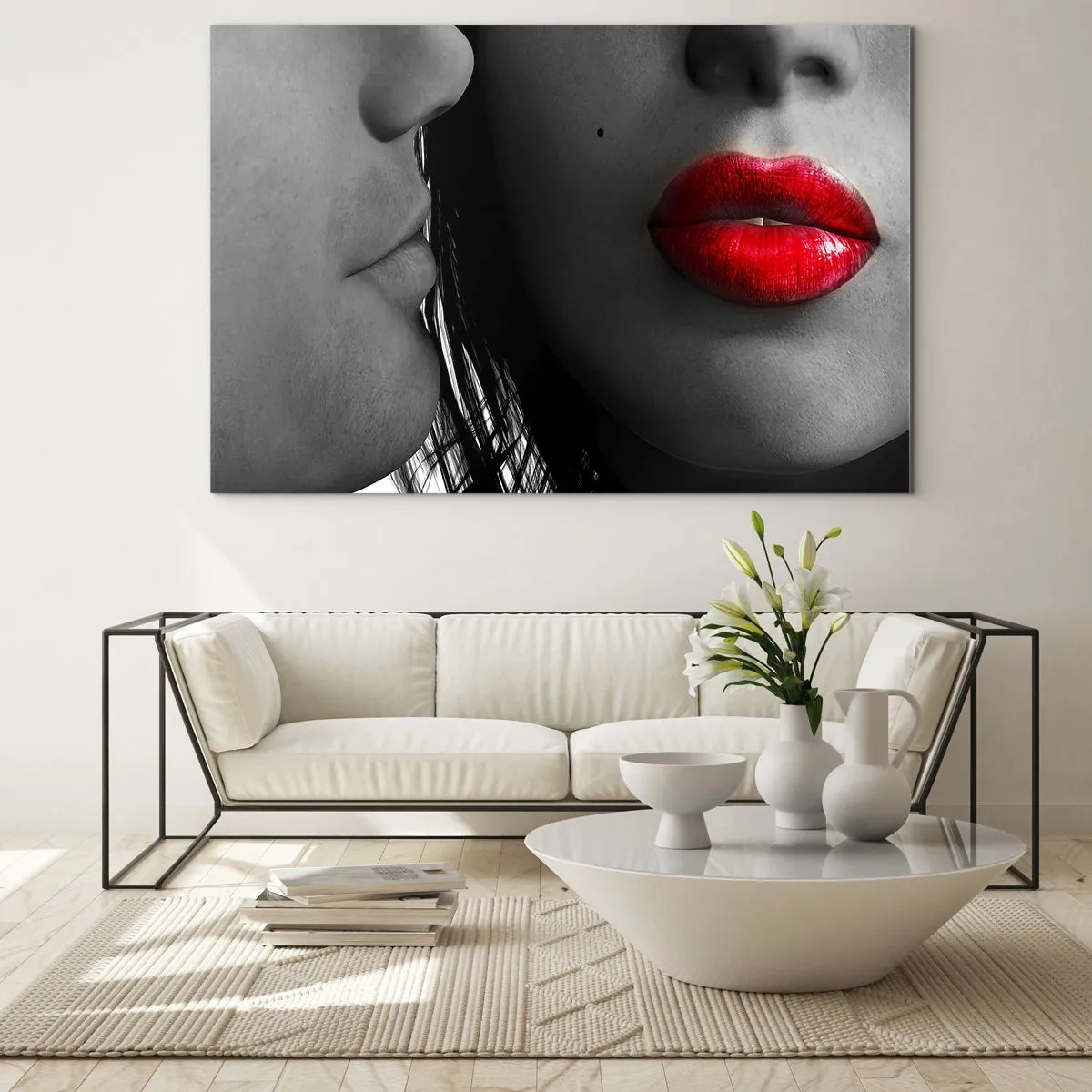 Obraz na skle - Smyslné rty v kontrastním záběru - 70x50cm - Tvář u tváře  - Moderní nástěnná dekorace do obývacího pokoje a ložnice ARTTOR