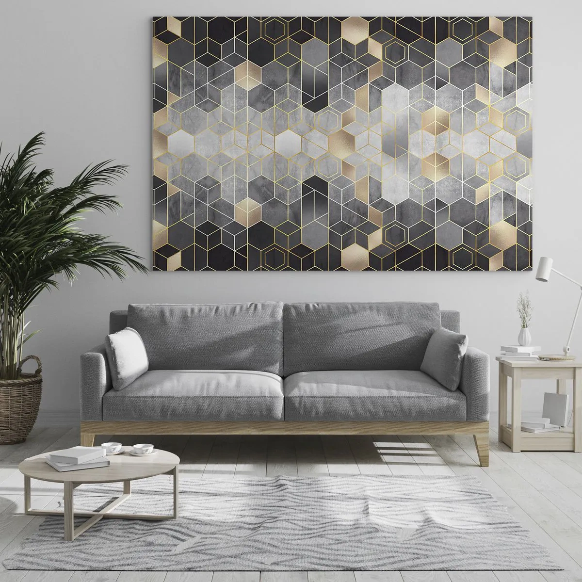 Obraz na skle - Geometrický vzor šestiúhelníků ve zlatých liniích - 70x50cm - Diamantová kompozice - Moderní nástěnná dekorace do obývacího pokoje a ložnice ARTTOR