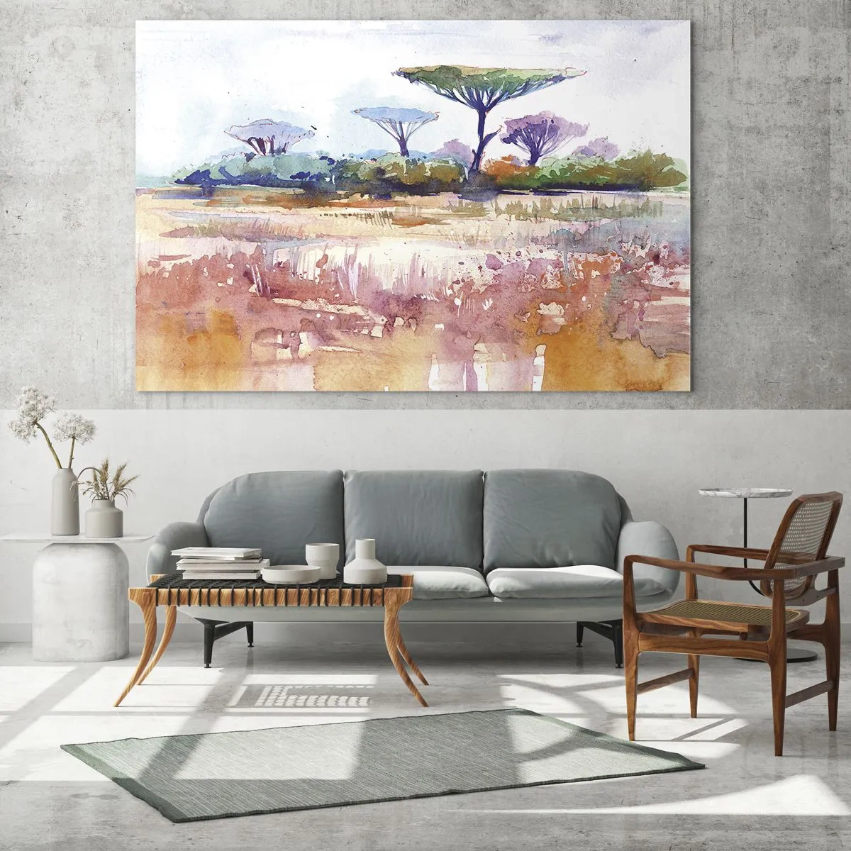 Obraz na skle - Akvarelová savanová krajina se stromy a vegetací - 70x50cm - Barvy savany - Moderní nástěnná dekorace do obývacího pokoje a ložnice ARTTOR