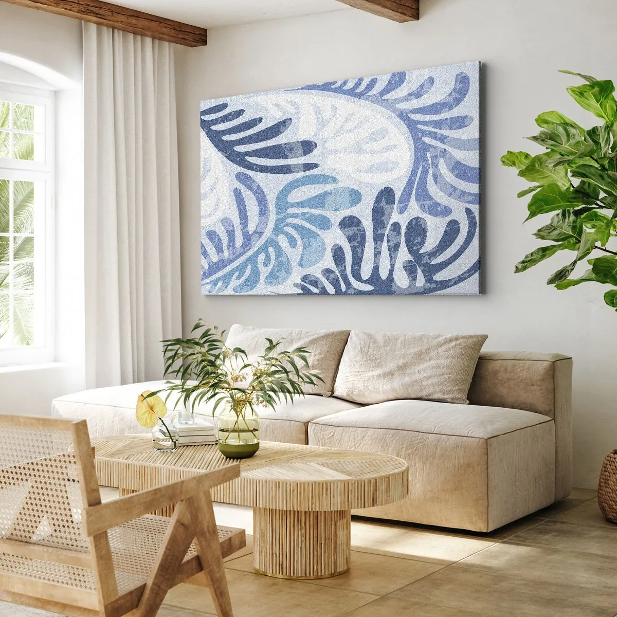 Obraz na plátně - Abstraktní tvary v odstínech modré na bílém pozadí - 70x50cm - Modré kapradí - Moderní nástěnná dekorace do obývacího pokoje a ložnice ARTTOR