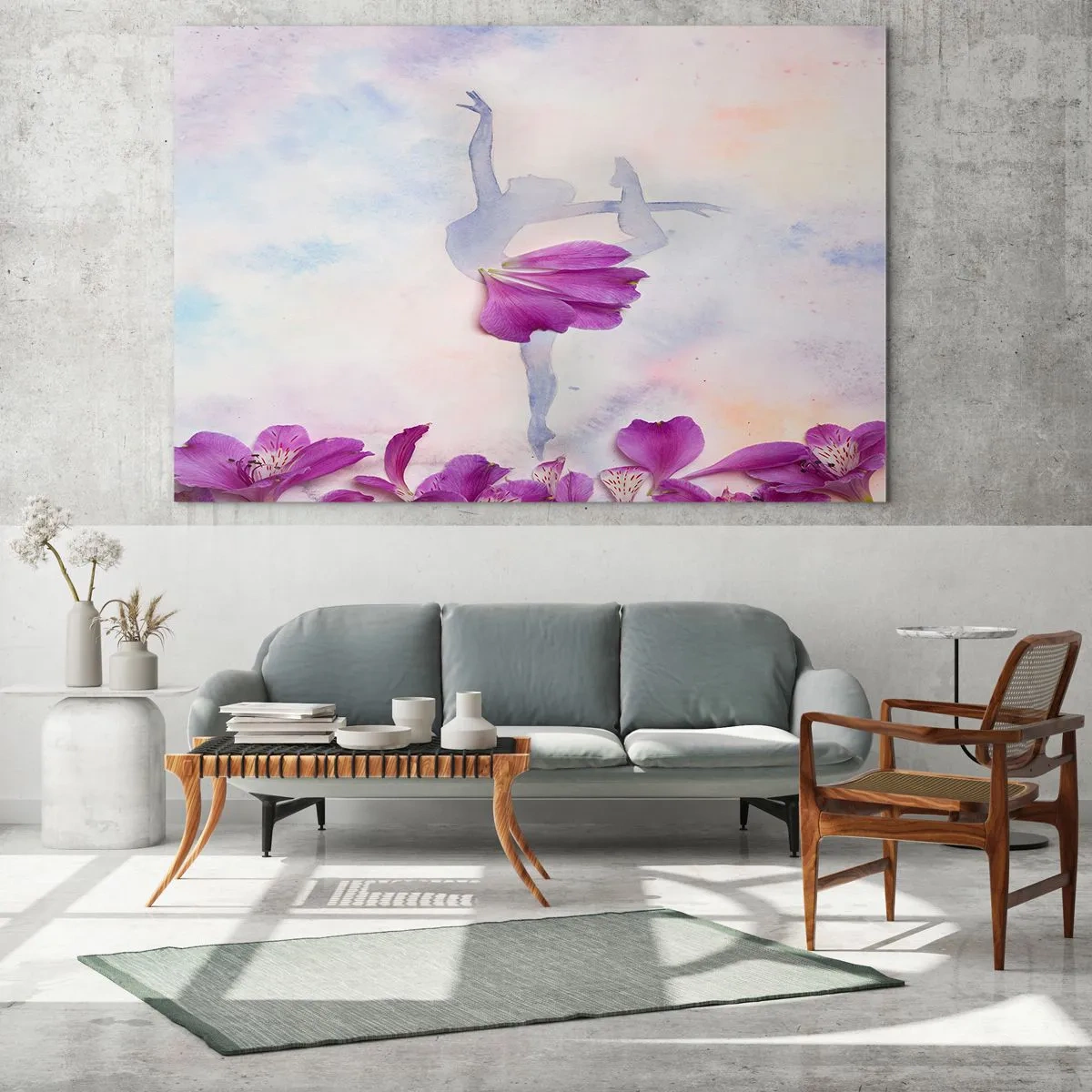 Obraz na skle - Silueta baletky s květinou v umělecké kompozici - 70x50cm - Jemná jako květina - Moderní nástěnná dekorace do obývacího pokoje a ložnice ARTTOR