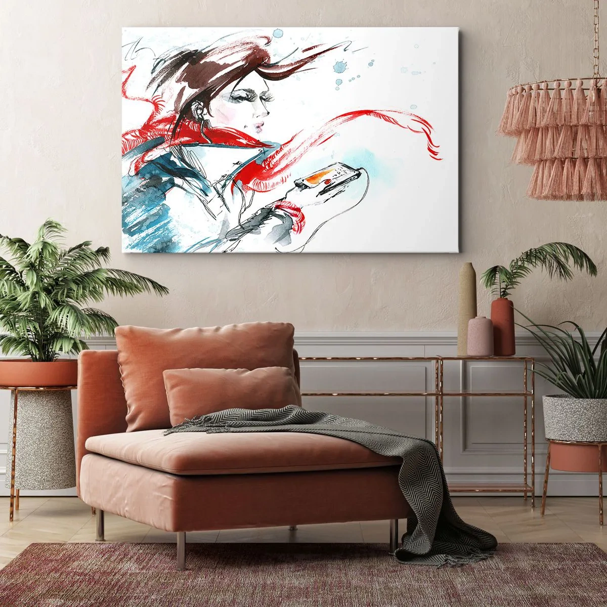 Obraz na plátně - Žena v červeném šátku s dynamickými akvarelovými tahy - 70x50cm - Něco se ve mně děje - Moderní nástěnná dekorace do obývacího pokoje a ložnice ARTTOR