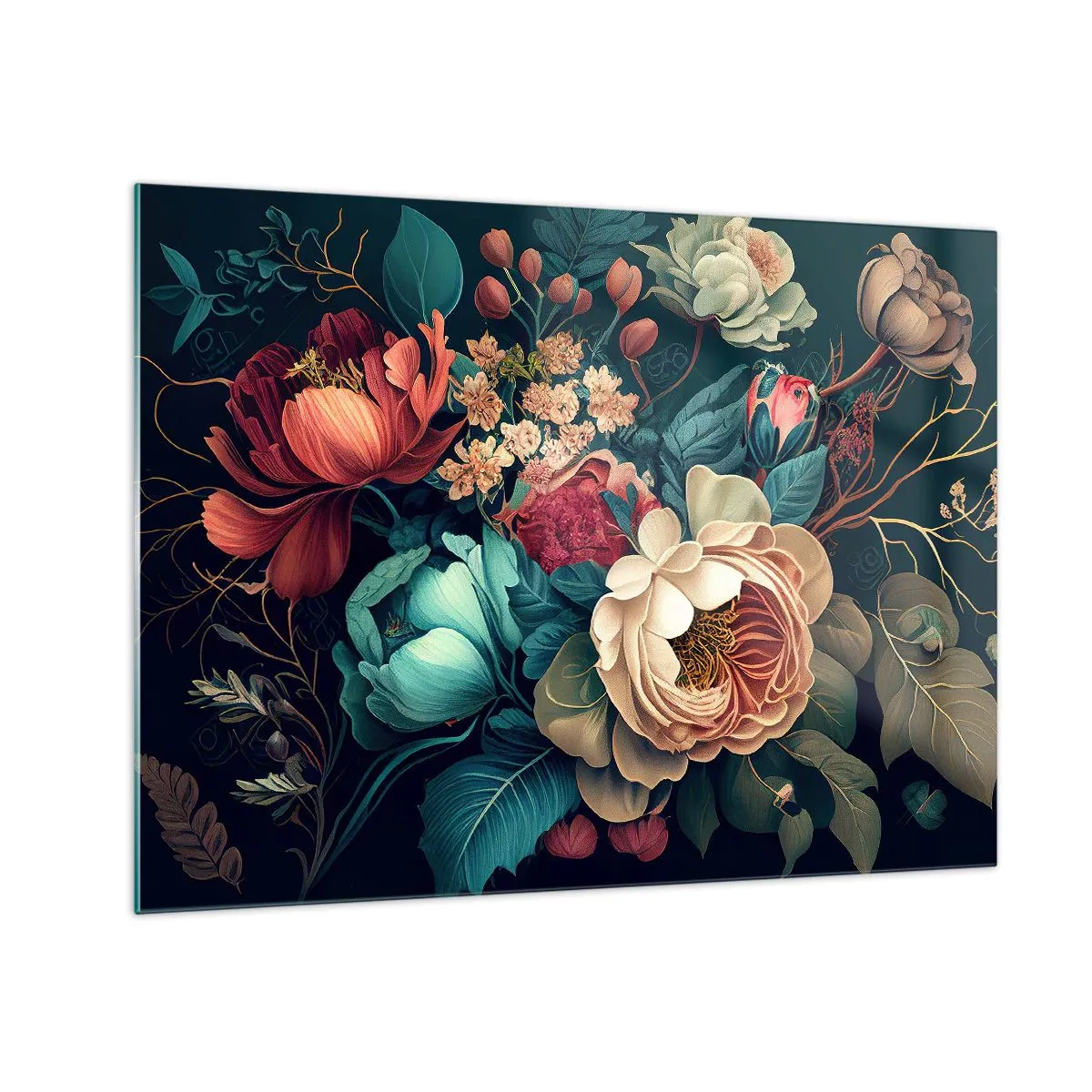 Obraz na skle - Vintage květinová kytice na tmavém pozadí - 70x50cm - Půvab 19. století - Moderní nástěnná dekorace do obývacího pokoje a ložnice ARTTOR