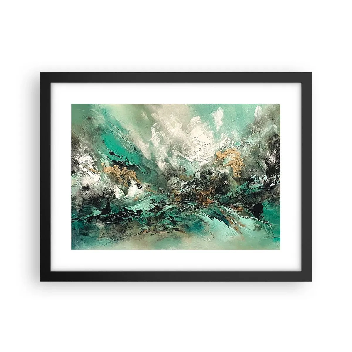 Plakát v černém rámu - Smaragdově černé vlnobití - 40x30 cm