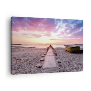 Obraz na plátně - Pláž při východu slunce s lodí a molem - 70x50cm - Okamžik hlubokého prožitku - Moderní nástěnná dekorace do obývacího pokoje a ložnice ARTTOR
