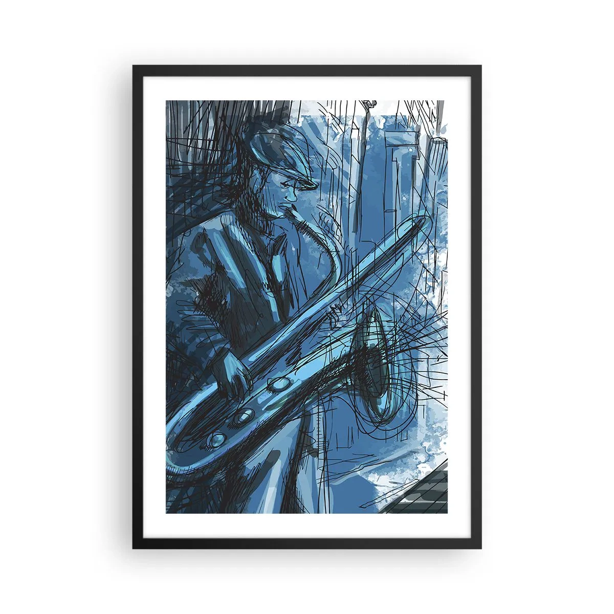 Plakát v černém rámu - Umělecká skica hudebníka hrajícího na saxofon - 50x70cm - Městská rapsodie - Moderní nástěnná dekorace do obývacího pokoje a ložnice ARTTOR