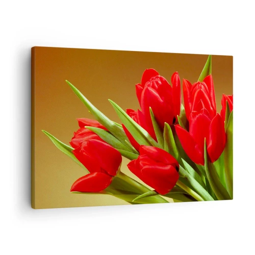 Obraz na plátně - Kytice červených tulipánů na zlatém pozadí se zelenými listy. - 70x50cm - Pupen jarní radosti - Moderní nástěnná dekorace do obývacího pokoje a ložnice ARTTOR