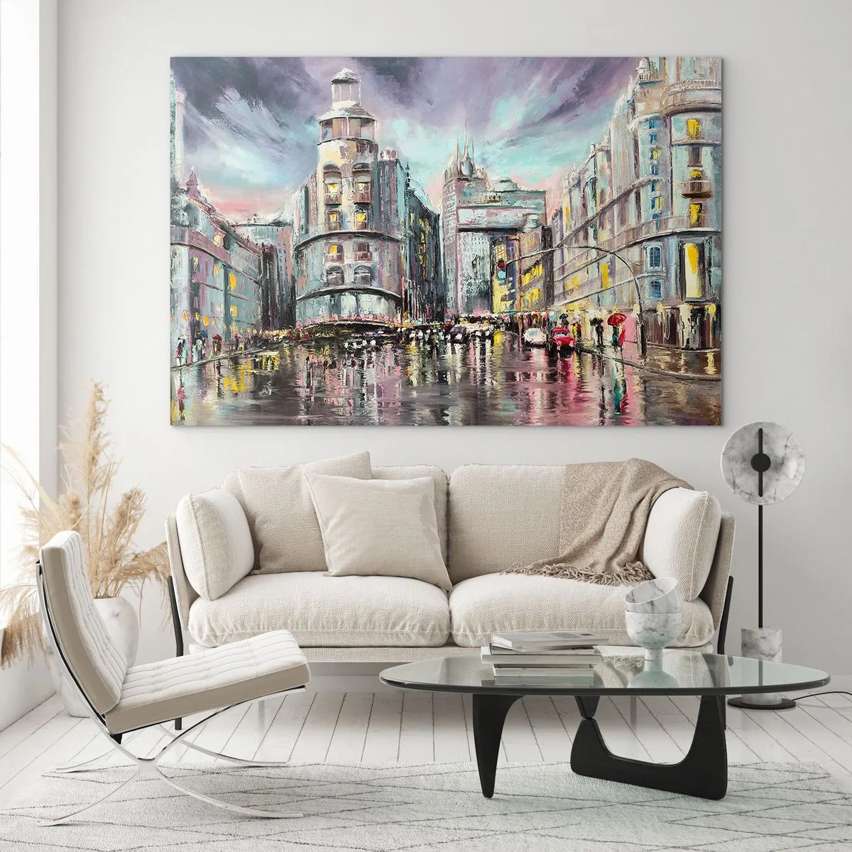 Obraz na skle - Městská ulice v dešti s velkolepým odrazem světel - 70x50cm - To bude vydařený večer - Moderní nástěnná dekorace do obývacího pokoje a ložnice ARTTOR