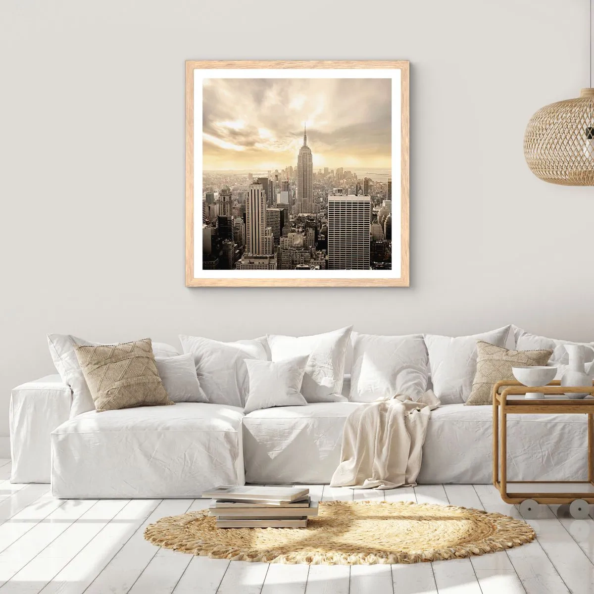 Plakát v rámu světlý dub - New York utkaný z šedi - 60x60 cm