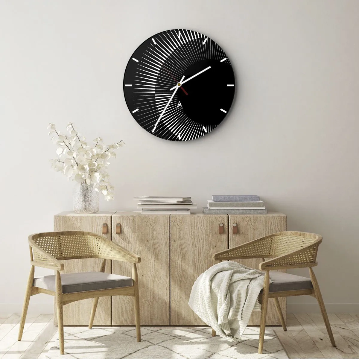 Nástěnné hodiny - Černé pozadí se zářivým vzorem v podobě slunečního disku - 30x30cm - Černé slunce - Moderní nástěnná dekorace do obývacího pokoje, kuchyně a ložnice ARTTOR