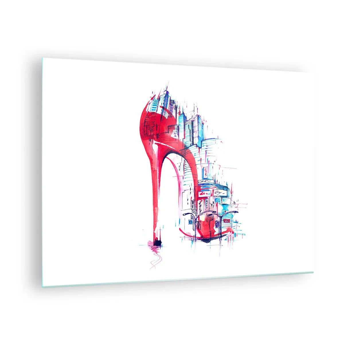 Obraz na skle - Červené jehlové podpatky s motivem městské architektury - 70x50cm - Velkoměstská elegánka - Moderní nástěnná dekorace do obývacího pokoje a ložnice ARTTOR