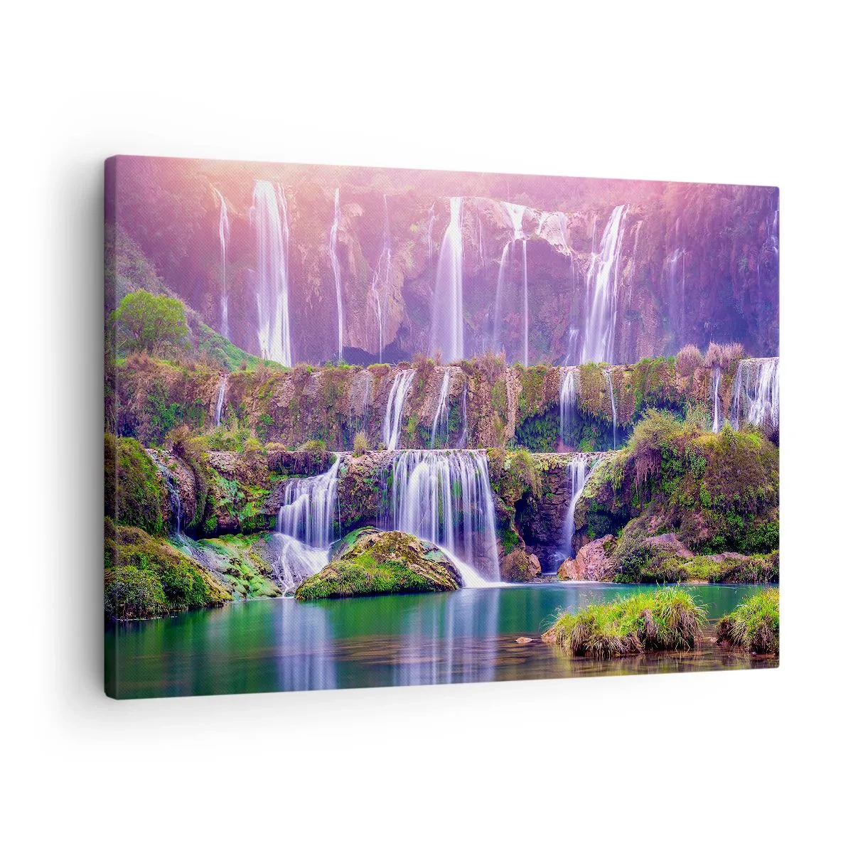 Obraz na plátně - Vodopády obklopené zelení s pastelovým osvětlením - 70x50cm - Schody do nebe - Moderní nástěnná dekorace do obývacího pokoje a ložnice ARTTOR