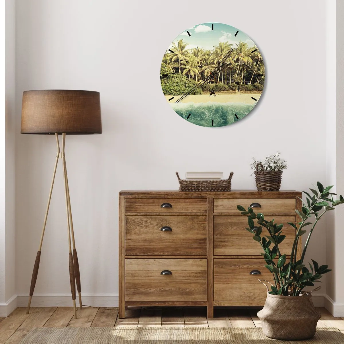 Nástěnné hodiny - Pláž s palmami a tyrkysovým mořem v pozadí - 30x30cm - Co třeba tady? - Moderní nástěnná dekorace do obývacího pokoje, kuchyně a ložnice ARTTOR