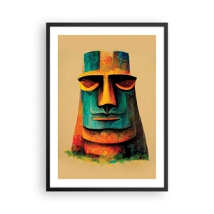 Plakát v černém rámu - Barevná interpretace sochy Moai na béžovém pozadí - 50x70cm - Sošný, ale sympatický - Moderní nástěnná dekorace do obývacího pokoje a ložnice ARTTOR