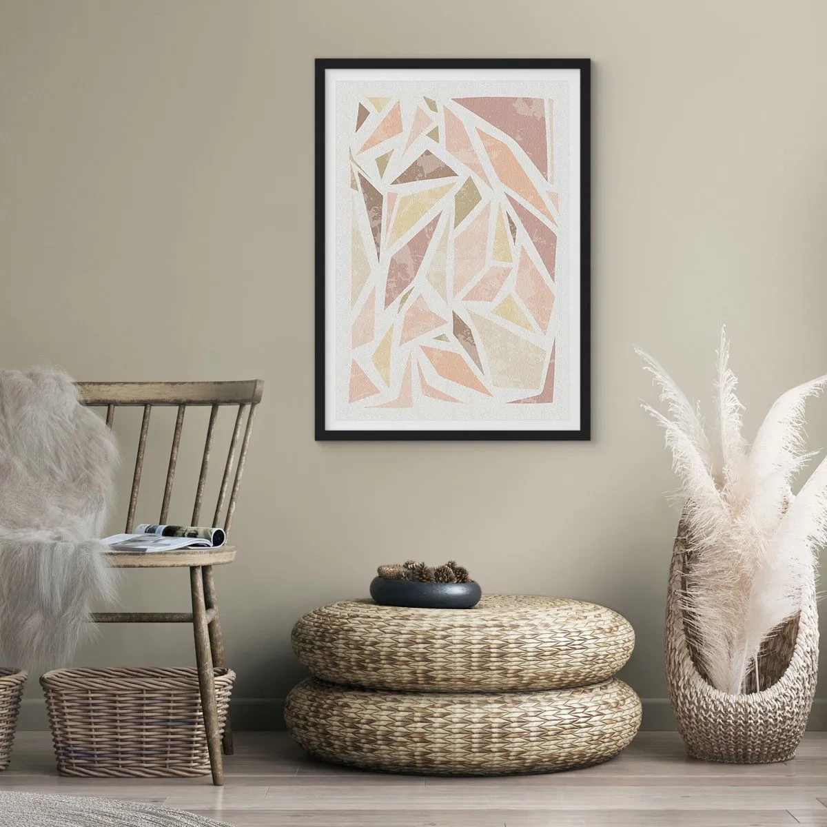 Plakát v černém rámu - Geometrická abstrakce v pastelových odstínech - 50x70cm - Kompozice: vitráž - Moderní nástěnná dekorace do obývacího pokoje a ložnice ARTTOR
