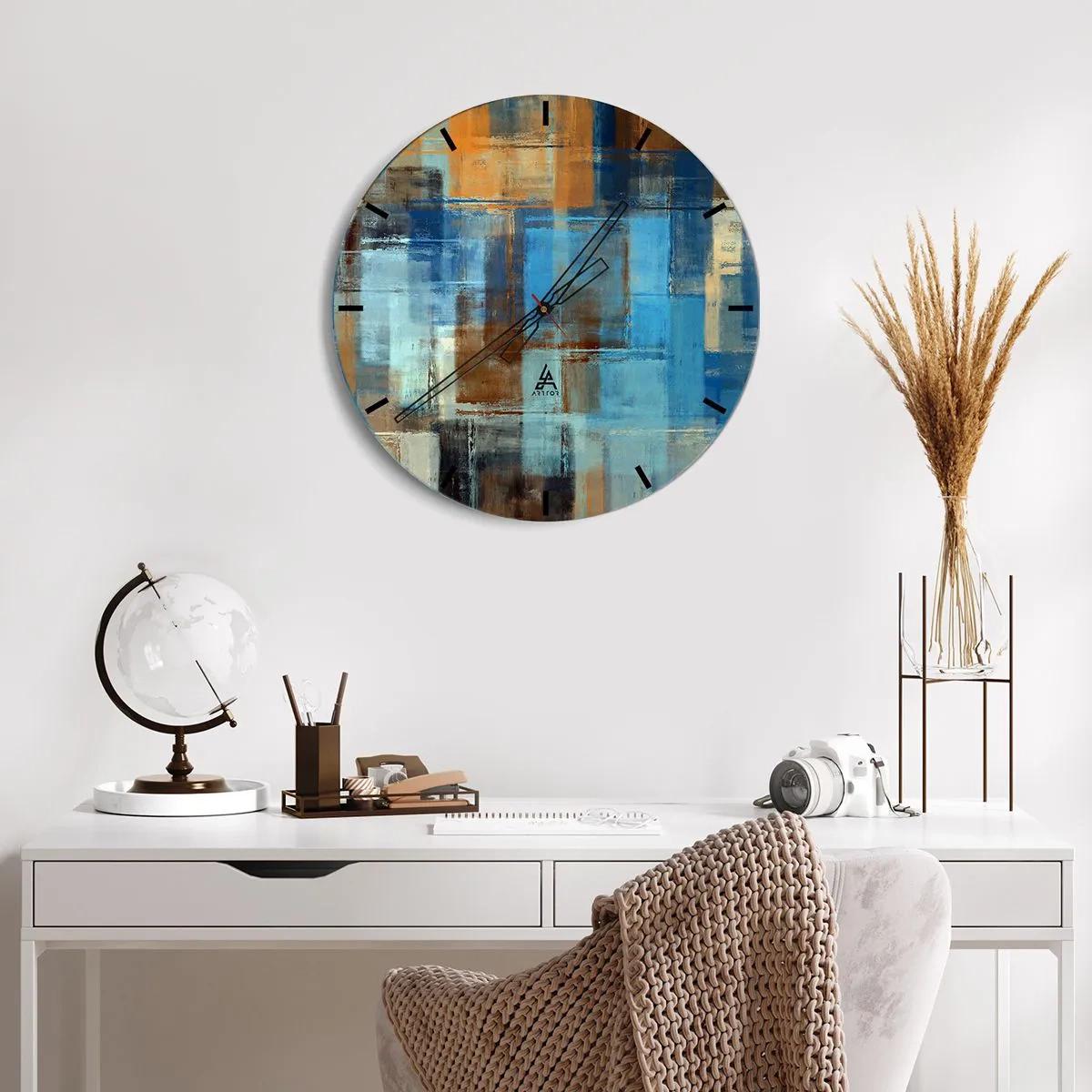 Nástěnné hodiny - Abstraktní obdélníky v odstínech modré a hnědé - 30x30cm - Přes modrý závoj - Moderní nástěnná dekorace do obývacího pokoje, kuchyně a ložnice ARTTOR