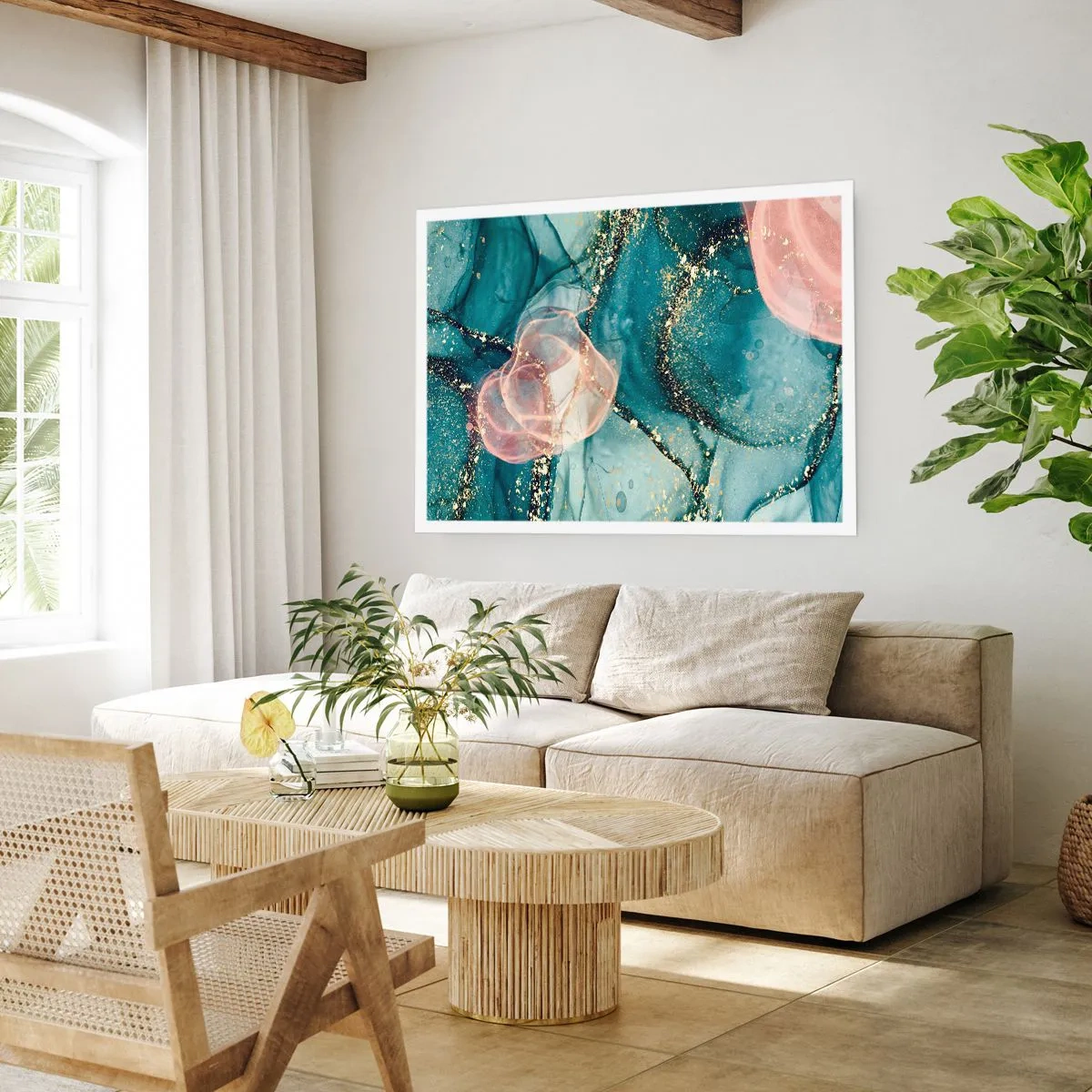 Plakát - Modré hedvábí modré, růžový tyl - 91x61 cm