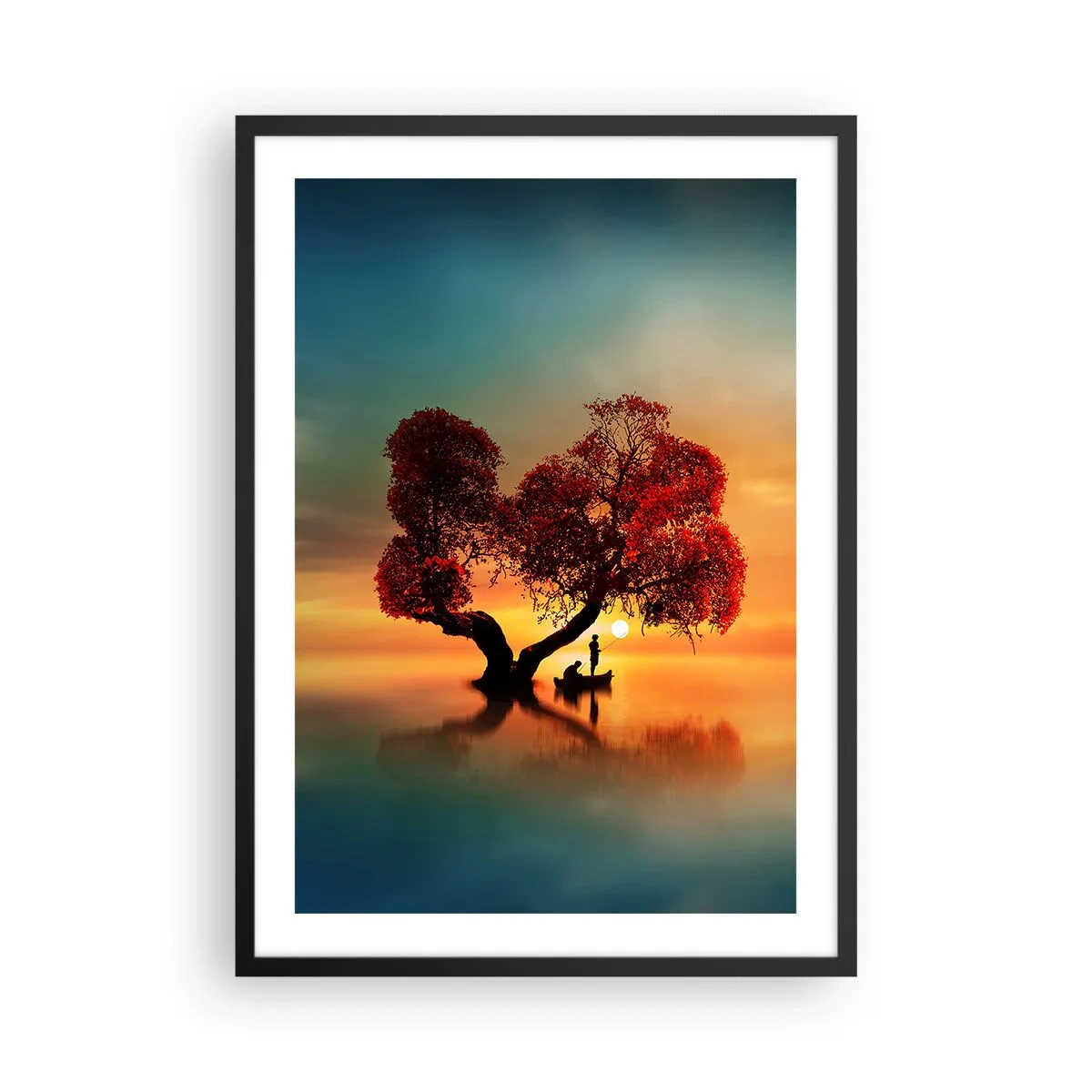 Plakát v černém rámu - Strom ve tvaru srdce při západu slunce - 50x70cm - Voda a ticho vesmíru - Moderní nástěnná dekorace do obývacího pokoje a ložnice ARTTOR