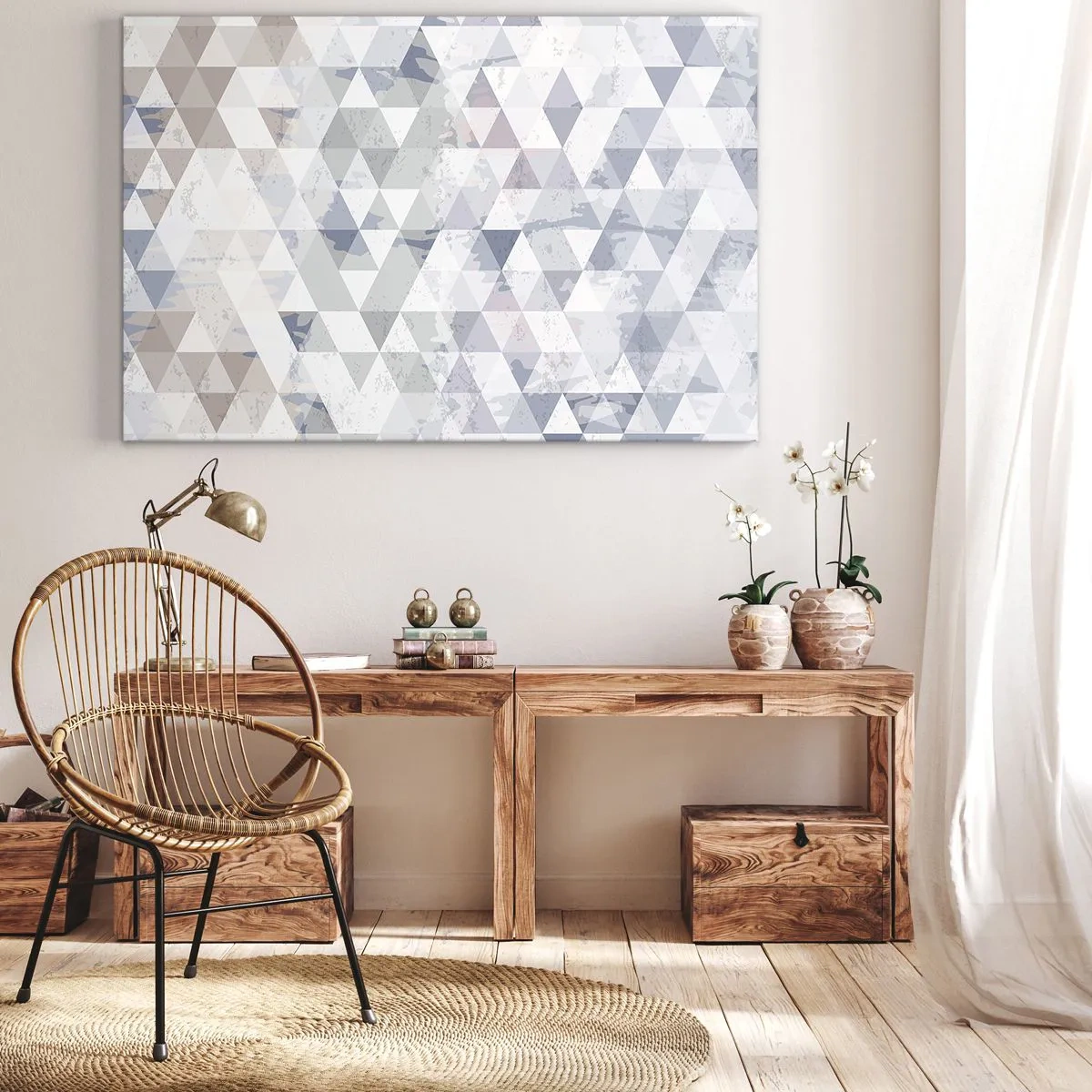 Obraz na plátně - Geometrický trojúhelníkový vzor v pastelových odstínech - 70x50cm - V rytmu na tři - Moderní nástěnná dekorace do obývacího pokoje a ložnice ARTTOR