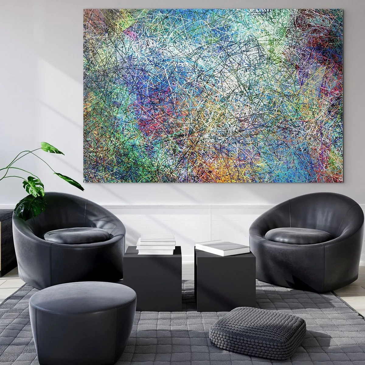 Obraz na skle - Barevná abstrakce s dynamickými liniemi - 70x50cm - To není tak jednoduché - Moderní nástěnná dekorace do obývacího pokoje a ložnice ARTTOR