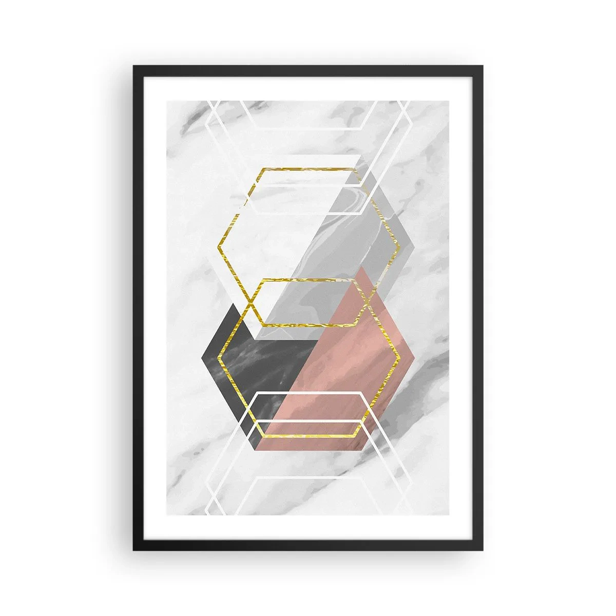 Plakát v černém rámu - Geometrické šestiúhelníky na mramorovém pozadí - 50x70cm - Řetězová kompozice - Moderní nástěnná dekorace do obývacího pokoje a ložnice ARTTOR