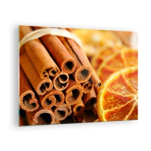 Obraz na skle - Detail skořicových tyčinek a sušených plátků pomeranče - 70x50cm - Cítíte jejich aroma? - Moderní nástěnná dekorace do obývacího pokoje a ložnice ARTTOR