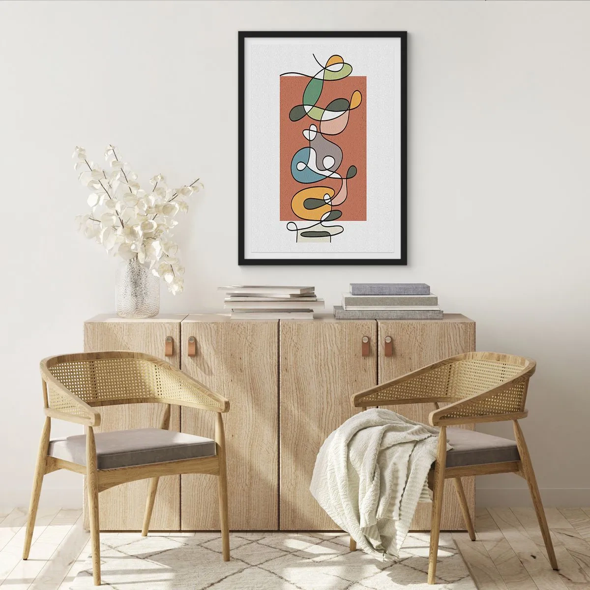 Plakát v černém rámu - Abstraktní geometrická kompozice s organickými liniemi - 50x70cm - Abstrakce: barevné dovádění - Moderní nástěnná dekorace do obývacího pokoje a ložnice ARTTOR