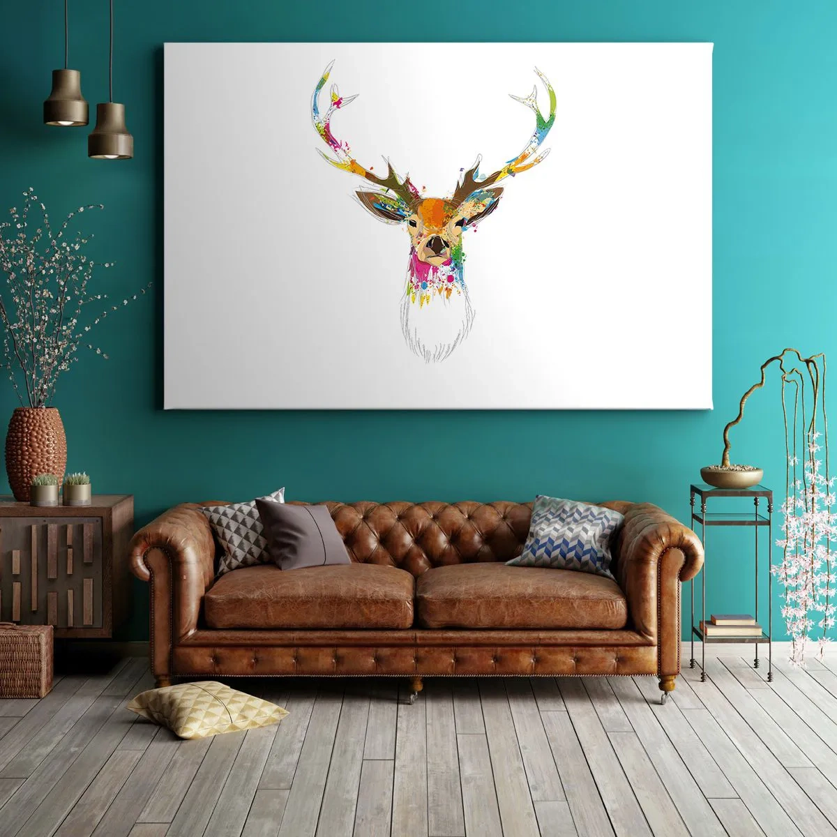 Obraz na plátně - Barevná jelení hlava v uměleckém stylu - 70x50cm - Líbezný jelínek vykoupaný v barvě - Moderní nástěnná dekorace do obývacího pokoje a ložnice ARTTOR
