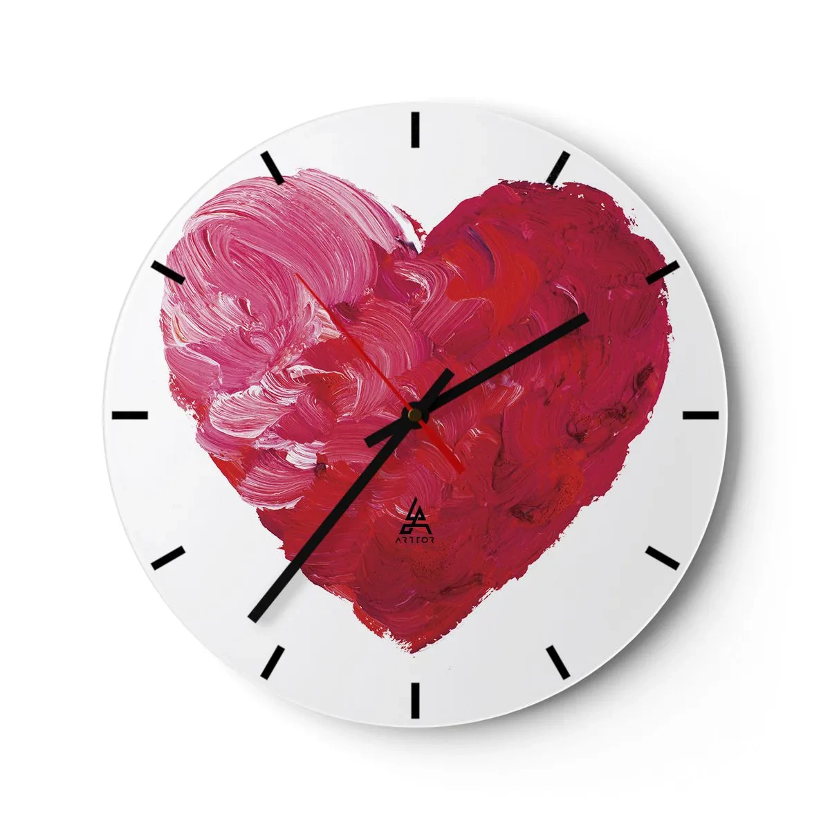 Nástěnné hodiny - Malované srdce v odstínech červené a růžové - 30x30cm - All you need is love - Moderní nástěnná dekorace do obývacího pokoje, kuchyně a ložnice ARTTOR