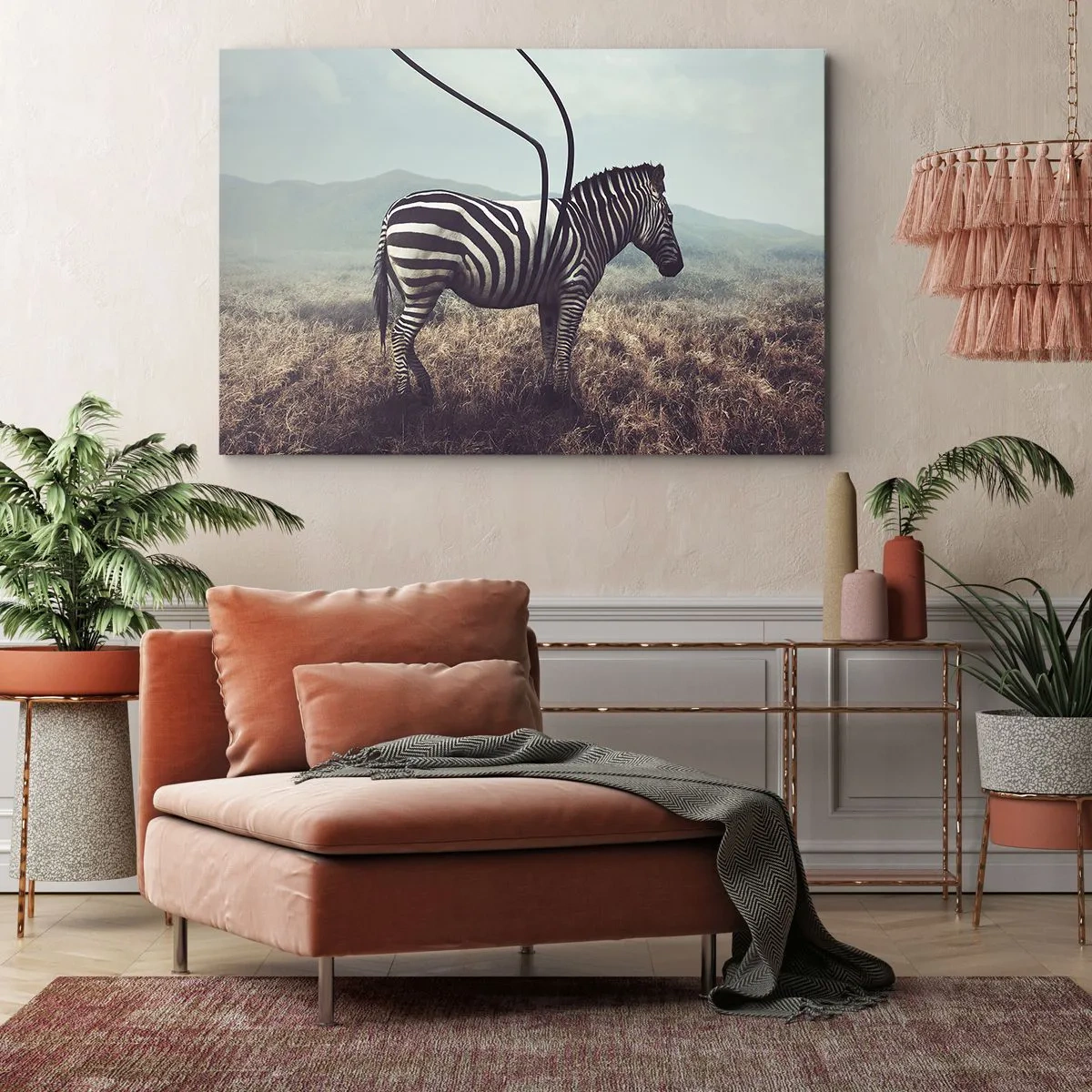 Obraz na plátně - Surrealistická zebra proti travnaté krajině - 70x50cm - Pozor! Porucha - Moderní nástěnná dekorace do obývacího pokoje a ložnice ARTTOR