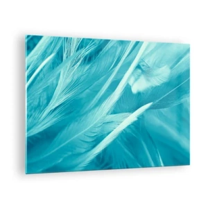 Obraz na skle - Tyrkysové peří v jemném detailním záběru - 70x50cm - Utonout v chmýří - Moderní nástěnná dekorace do obývacího pokoje a ložnice ARTTOR