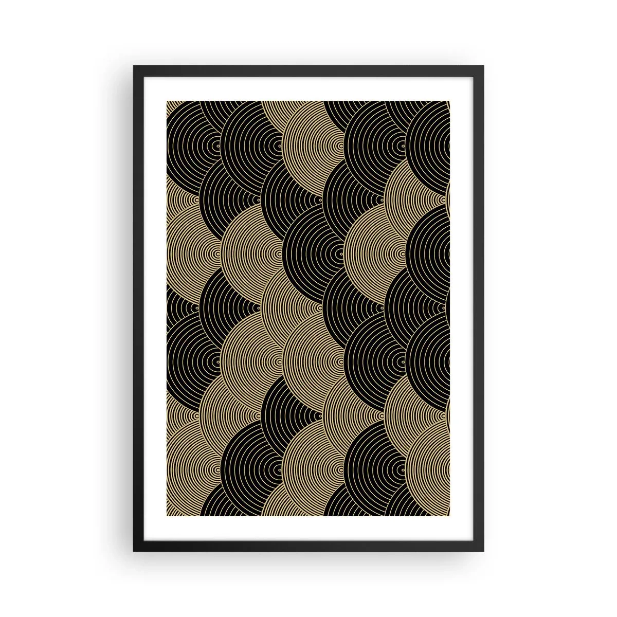 Plakát v černém rámu - Abstraktní vzor v černých a zlatých kruzích - 50x70cm - Jednota v mnohosti - Moderní nástěnná dekorace do obývacího pokoje a ložnice ARTTOR
