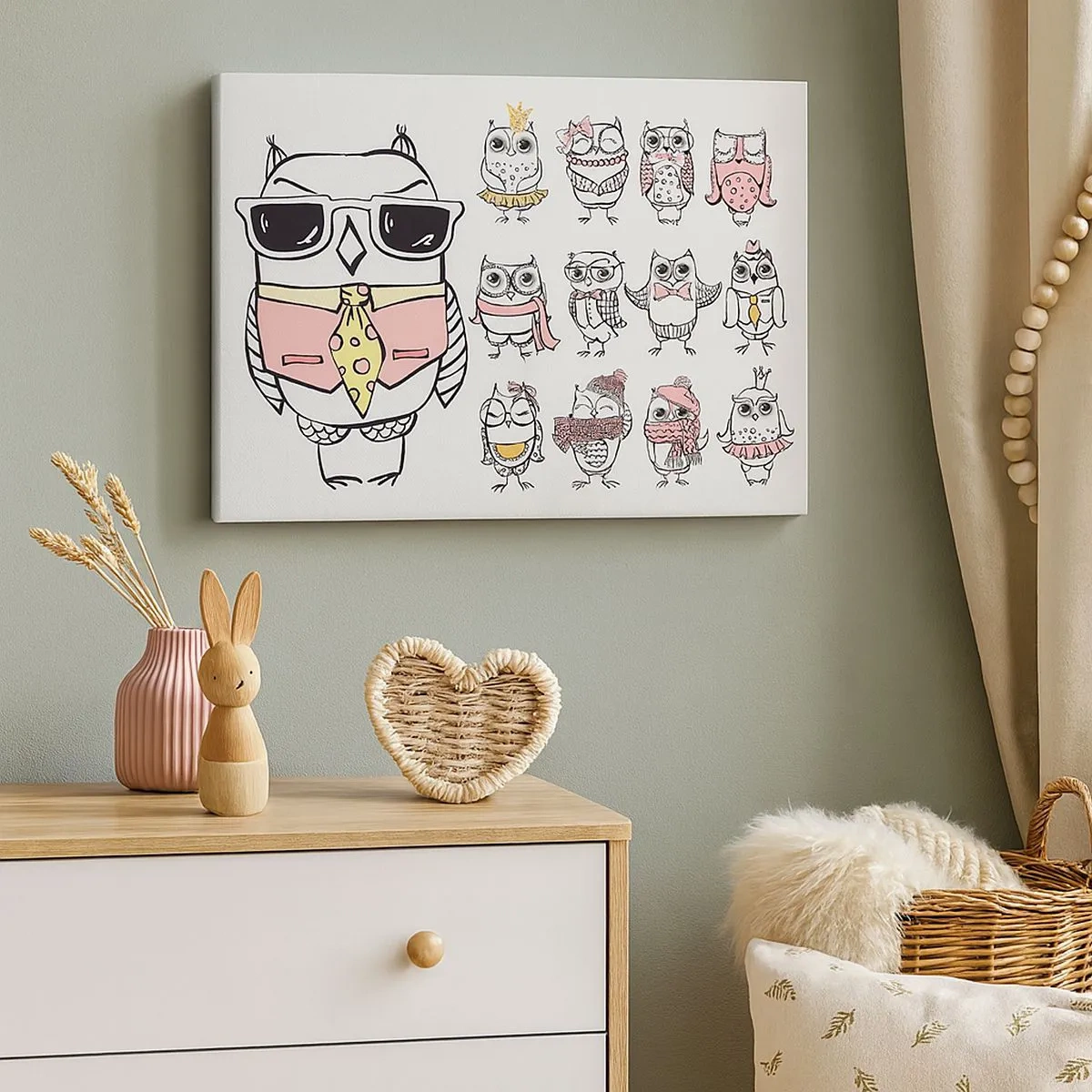 Obraz na plátně - Sovy v různých stylech a oblečení - 70x50cm - Tolik rolí na hraní - Moderní nástěnná dekorace do obývacího pokoje a ložnice ARTTOR